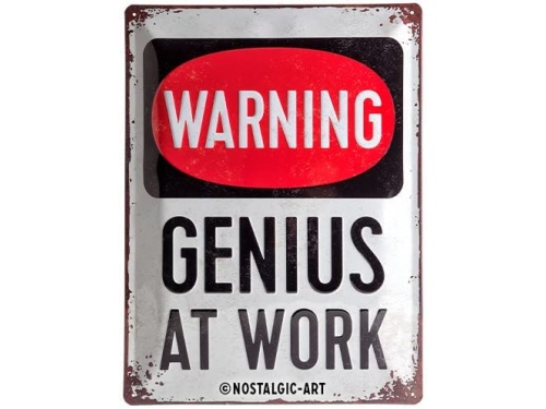 Plaque tôle emboutie décorative 30 X 40 cm. Warning genius at work