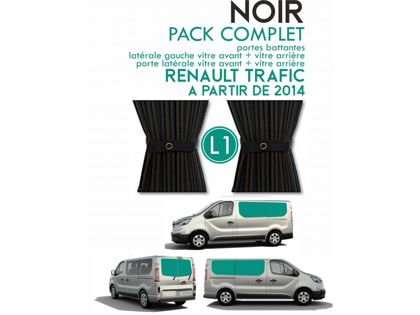 PACK COMPLET 5 RIDEAUX. RIDEAUX OCCULTANT NOIR SUR RAIL POUR RENAULT TRAFIC A PARTIR DE 2014 L1