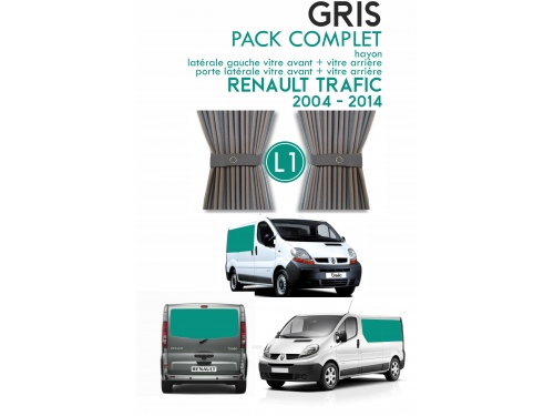 PACK COMPLET 5 RIDEAUX. RIDEAUX OCCULTANT GRIS SUR RAIL POUR RENAULT TRAFIC 2004-2014 L1