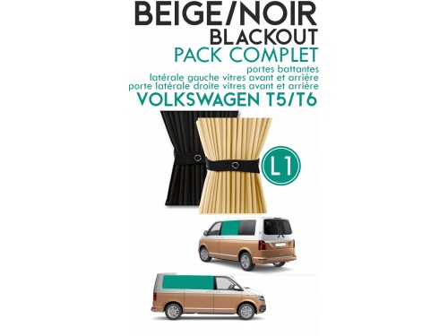 PACK COMPLET 6 RIDEAUX. Rideaux occultant beige/noir sur rail pour Volkswagen Transporter T5 T6 L1