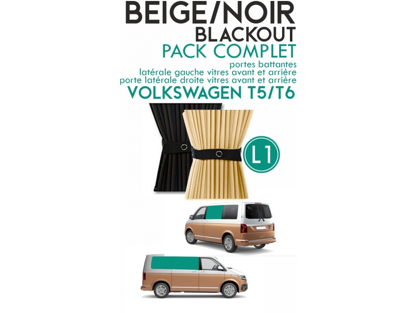 PACK COMPLET. Rideaux occultant beige/noir sur rail pour Volkswagen Transporter T5 T6 L1