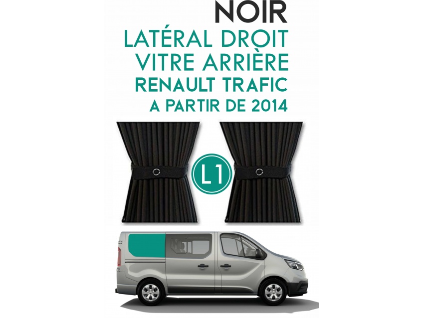 Latéral Droit, vitre arrière L1H1. Rideaux occultant noir sur rail pour Renault Trafic à partir de 2014