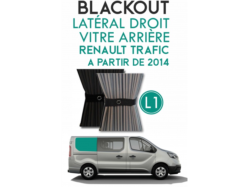 Latérale Droit, vitre arrière L1H1. Rideaux occultant gris noir sur rail pour Renault Trafic à partir de 2014