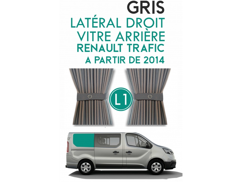 Latéral Droit, vitre arrière L1H1. Rideaux occultant gris  sur rail pour Renault Trafic à partir de 2014