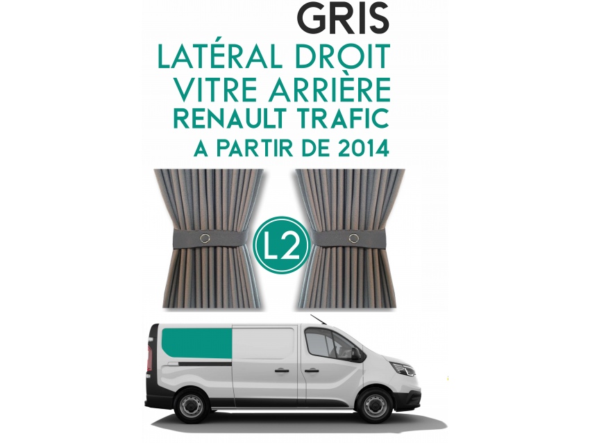 Latéral Droit, vitre arrière L2H1. Rideaux occultant gris sur rail pour Renault Trafic à partir de 2014