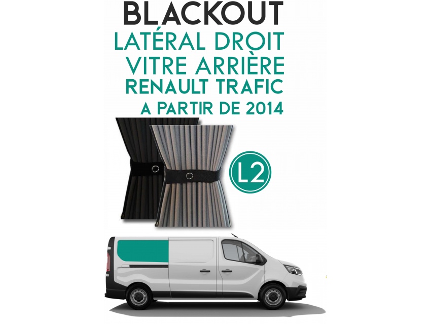 Latéral Droit, vitre arrière L2H1. Rideaux occultant gris noir sur rail pour Renault Trafic à partir de 2014