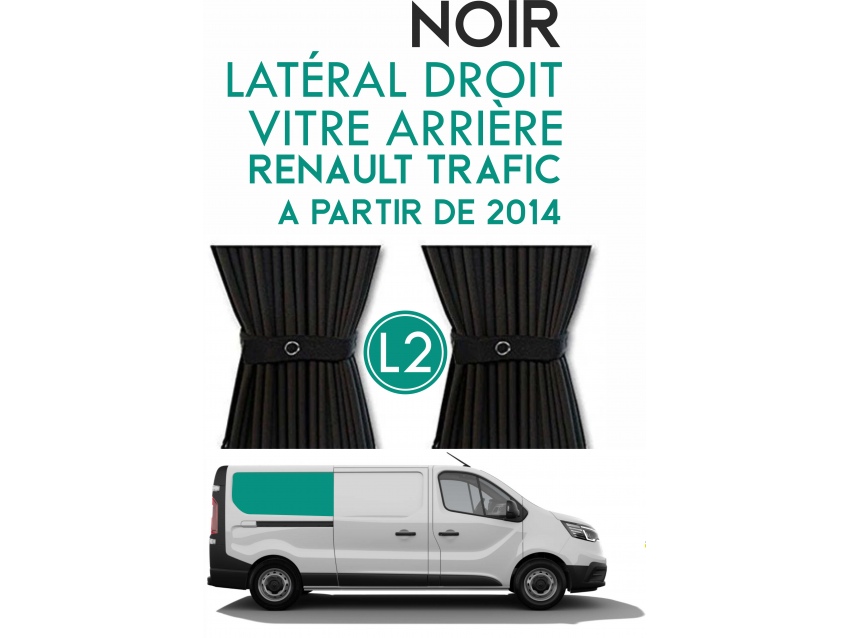 Latéral Droit, vitre arrière L2H1. Rideaux occultant noir sur rail pour Renault Trafic à partir de 2014