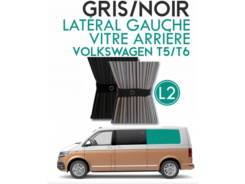 Latéral Gauche, vitre arrière L2H1. Rideaux occultant gris et noir sur rail pour Volkswagen Transporter T5 T6