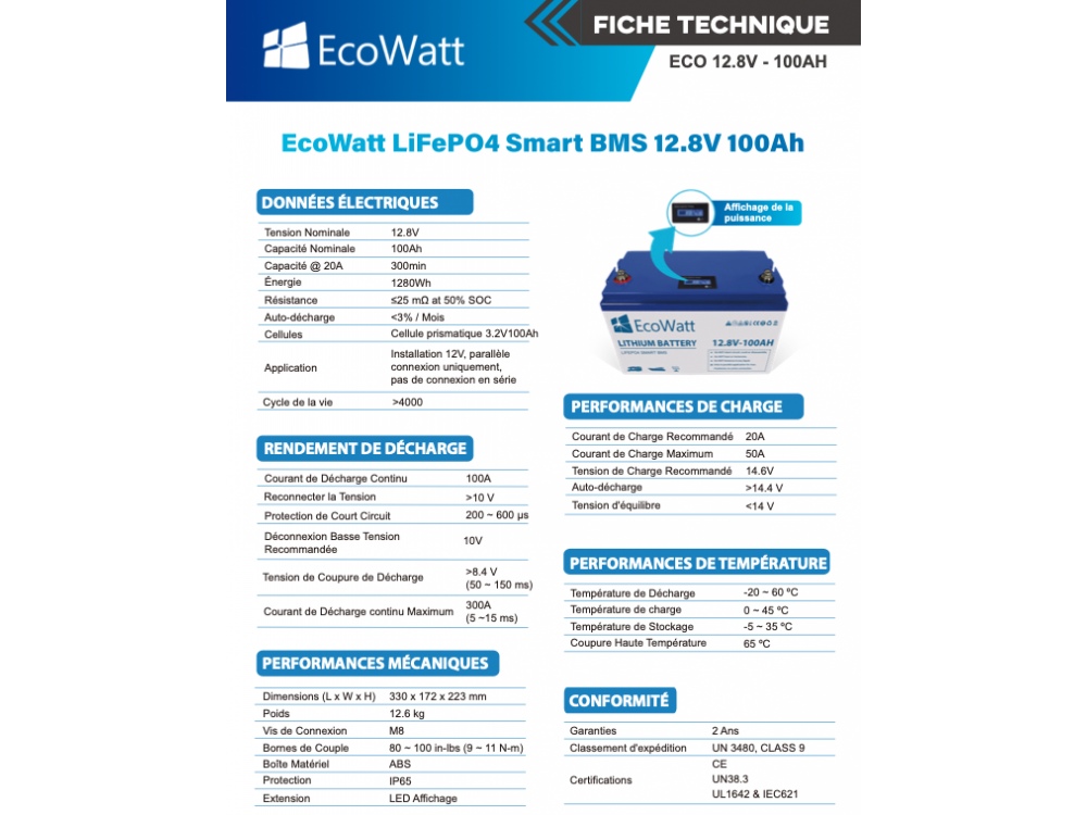 Batterie ECOWATT Lithium LifePO4 Smart BMS 12.8V 100Ah