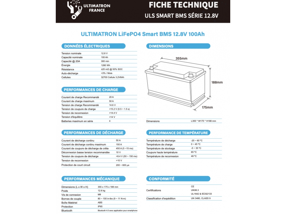 Batterie Ultimatron décharge lente Lithium LiFePO4 12,8V 100AH - Chauffage  intégré - 354x175x190 MM Underseat, batterie démarrage lifepo4