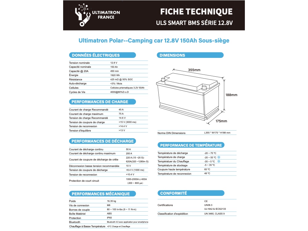 Batterie Lithium Ultimatron LiFePO4 12.8V 150Ah Sous siège et avec chauffage