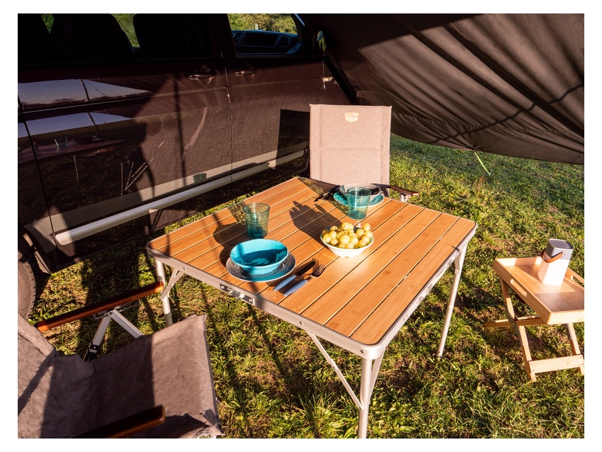 Table de camping pliable avec plateau en bambou 90 x 90 x 70 cm