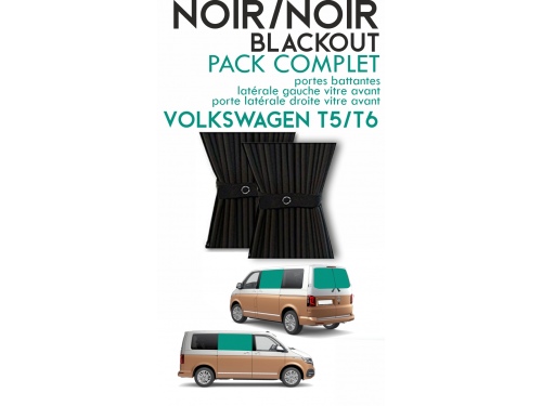 PACK 4 RIDEAUX. Rideaux occultant BLACKOUT noir/noir sur rail pour Volkswagen Transporter T5 T6