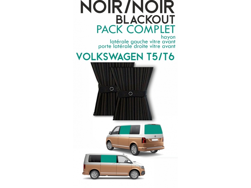 PACK 3 RIDEAUX. RIDEAUX OCCULTANT BLACKOUT NOIR/NOIR SUR RAIL POUR VOLKSWAGEN TRANSPORTER T5 T6