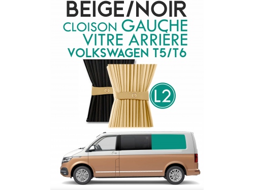 Latéral Gauche, vitre arrière L2H1. Rideaux occultant beige et noir sur rail pour Volkswagen Transporter T5 T6