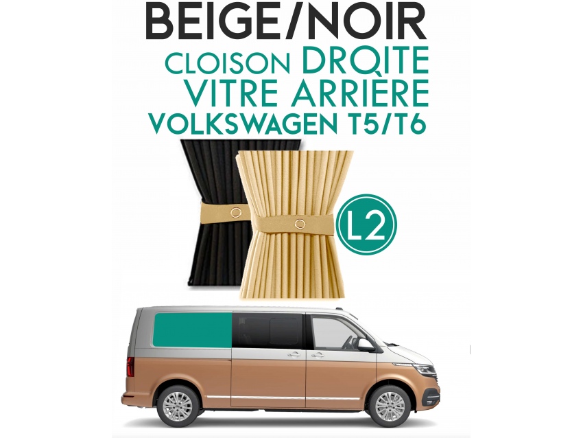 Latéral Droit, vitre arrière L2H1. Rideaux occultant beige noir sur rail pour Volkswagen Transporter T5 T6