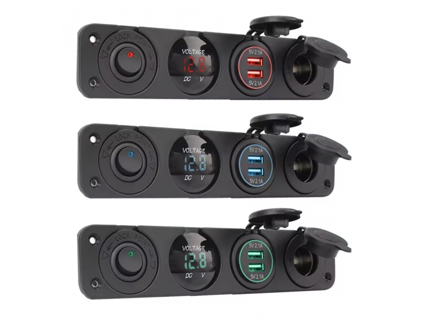 Combo Voltmètre LED / USB / Allume cigare / Interrupteur VERT
