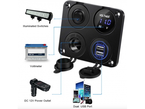 Combo Voltmetre / USB / Allume cigare avec 5 interrupteurs