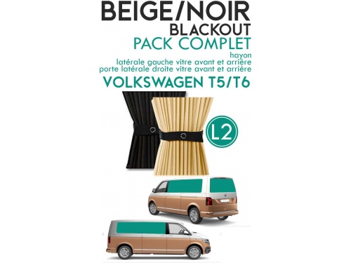 PACK COMPLET 5 RIDEAUX. RIDEAUX OCCULTANT BEIGE/NOIR SUR RAIL POUR VOLKSWAGEN TRANSPORTER T5 T6 L2