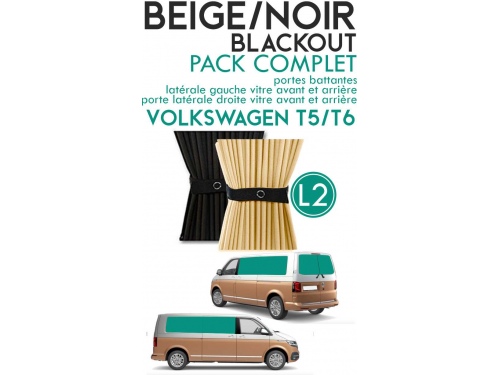 PACK COMPLET 6 RIDEAUX. Rideaux occultant beige/noir sur rail pour Volkswagen Transporter T5 T6 L2