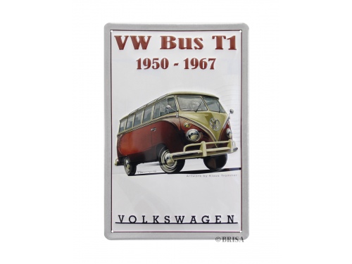 Plaque tôle emboutie décorative 20 x 30 cm. Collection Volkswagen bus VW T1 rouge et blanc de 1950 à 1967