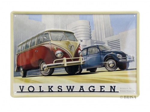 Plaque tôle emboutie décorative 20 x 30 cm. Collection Volkswagen VW T1 BUS AND BEETLE